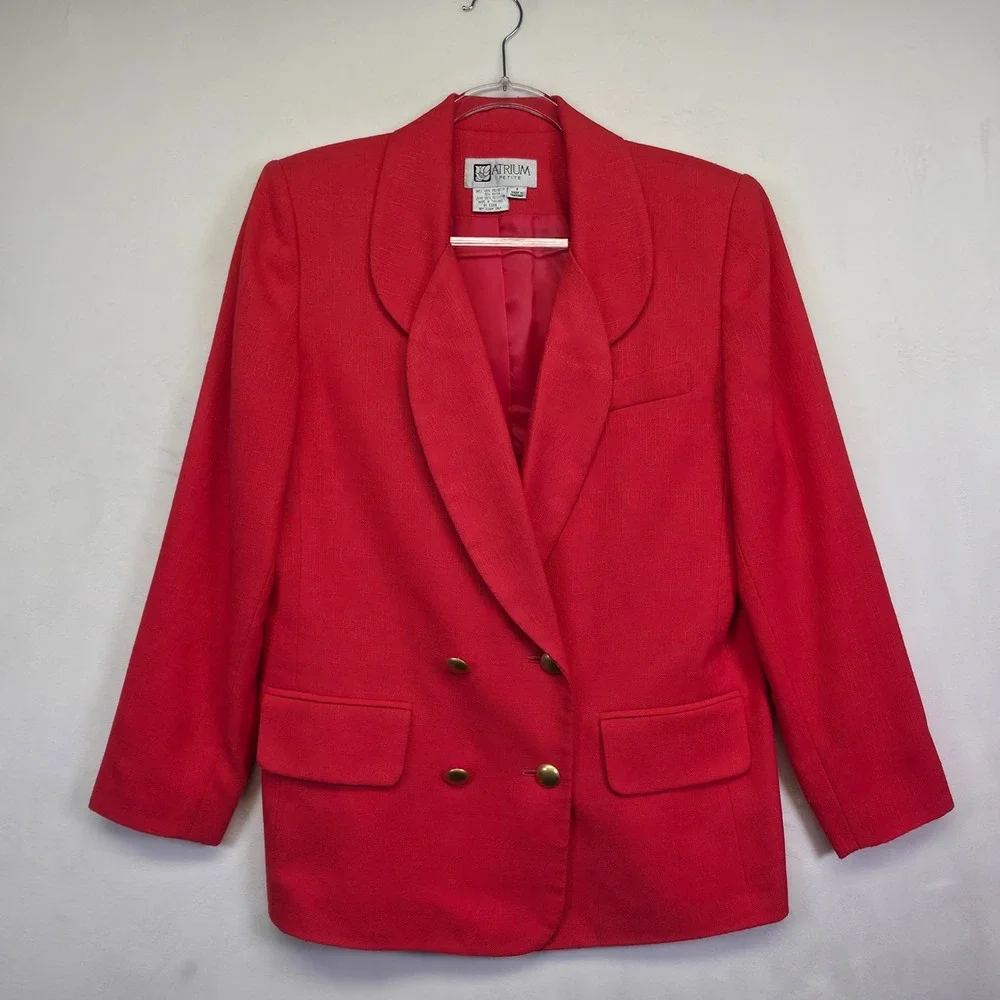 Atrium Skirt Suit Set‎ Women 8P Red Double Breasted Blazer Tweed Classic Office